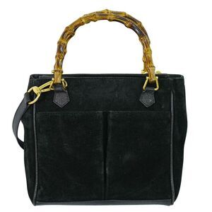 Gucci Vintage Bamboo Handle Bag Suede Black Suede Handbag (Pre-Owned)